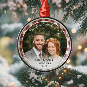 Our First Christmas-Mr. & Mrs. Photo Brown Gingham Metal Ornament