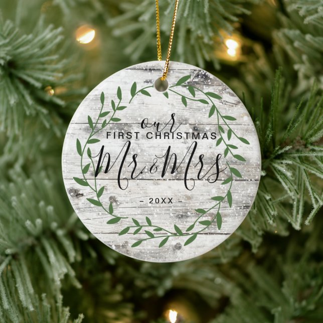 Our First Christmas Mr. Mrs. Photo Ceramic Ornament (Tree)