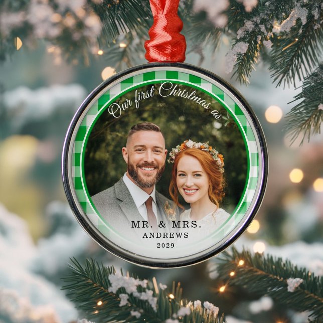 Our First Christmas-Mr. & Mrs. Photo Green Gingham Metal Ornament (Our First Christmas-Mr. & Mrs. Photo Green Gingham Metal Ornament)