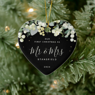 Our First Christmas Mr & Mrs Photo Heart Shaped Ceramic Ornament