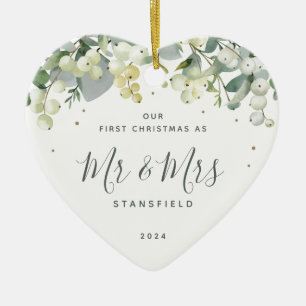 Our First Christmas Mr & Mrs Photo Heart Shaped Ceramic Ornament