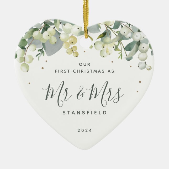 Our First Christmas Mr & Mrs Photo Heart Shaped Ceramic Ornament (Front)