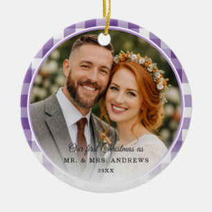 Our First Christmas-Mr. & Mrs. Photo Purpl Gingham Ceramic Ornament