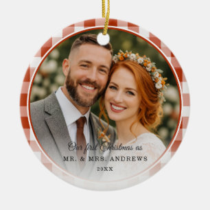 Our First Christmas-Mr. & Mrs. Photo Red Gingham Ceramic Ornament