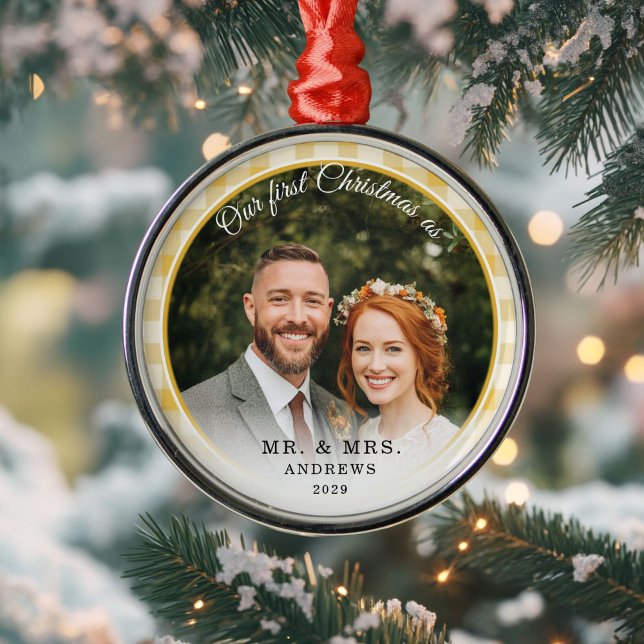 Our First Christmas-Mr.&Mrs. Photo Yellow Gingham Metal Ornament (Our First Christmas-Mr.&Mrs. Photo Yellow Gingham Metal Ornament)