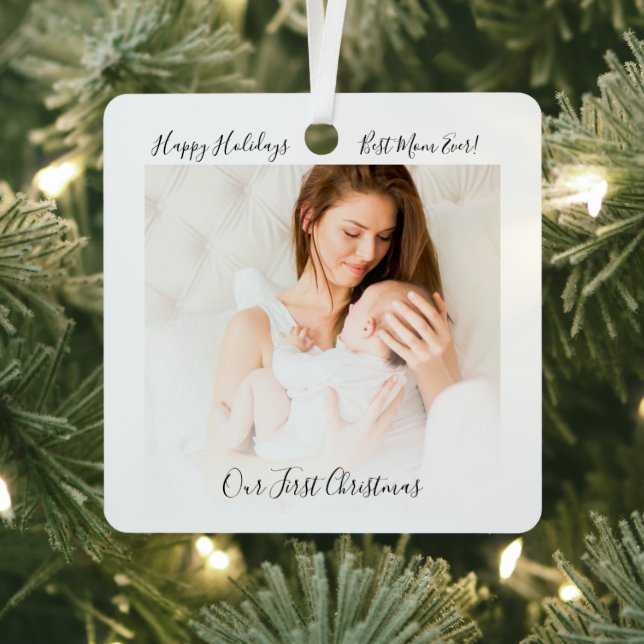 Our First Christmas Mum and Baby Photo Holiday Metal Tree Decoration (Insitu)
