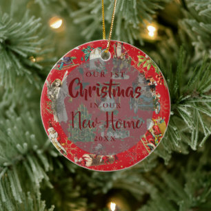 Our First Christmas New Home Vintage Festive Red Ceramic Ornament