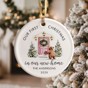 Our First Christmas New House Pink Door Ceramic Ornament