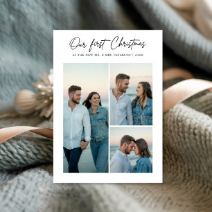 Our First Christmas Newlywed Beach Sunset 3 Photo Holiday Card