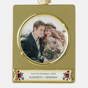 Our First Christmas Newlywed Photo Watercolor Rose Gold Plated Banner Ornament
