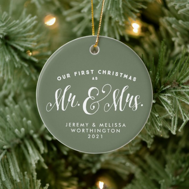 Our First Christmas newlywed sage green photo Ceramic Ornament (Tree)