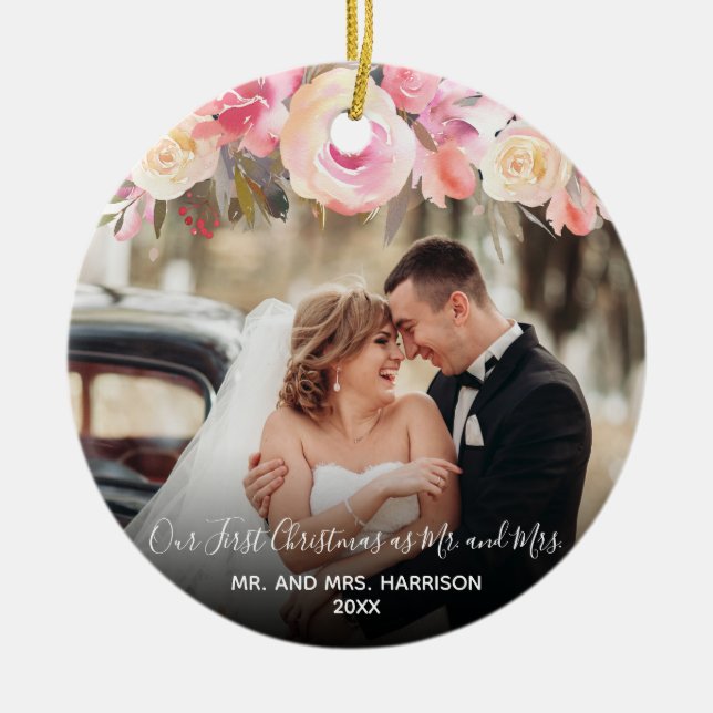 Our First Christmas Newlyweds 2 Photo Floral Ceramic Ornament (Front)