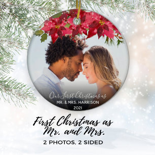 Our First Christmas Newlyweds 2 Photo Floral Ceramic Ornament