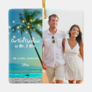 Our First Christmas Newlyweds 2 Photo Tropical Ceramic Ornament