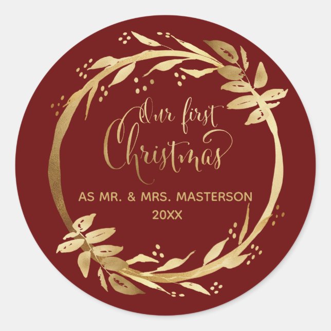Our First Christmas Newlyweds Gold Burgundy Classic Round Sticker (Front)