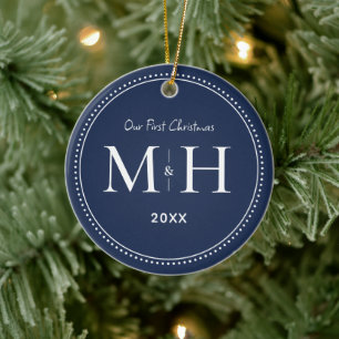 Our First Christmas Newlyweds Monogram Navy Blue Ceramic Ornament