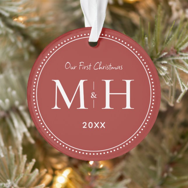 Our First Christmas Newlyweds Monogram Red Ornament (Tree)