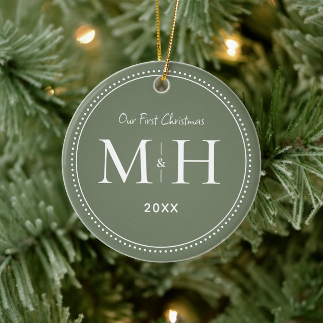 Our First Christmas Newlyweds Monogram Sage Green Ceramic Ornament (Tree)