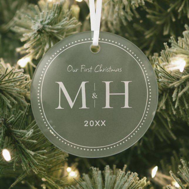 Our First Christmas Newlyweds Monogram Sage Green Glass Tree Decoration (Insitu)