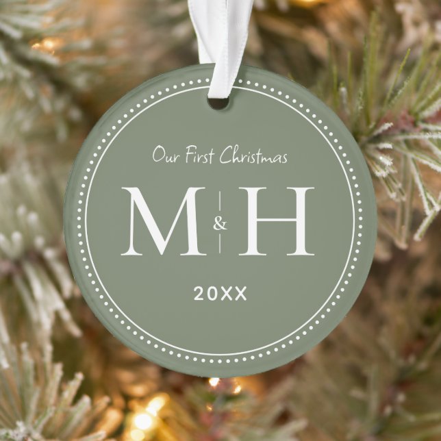 Our First Christmas Newlyweds Monogram Sage Green  Ornament (Tree)