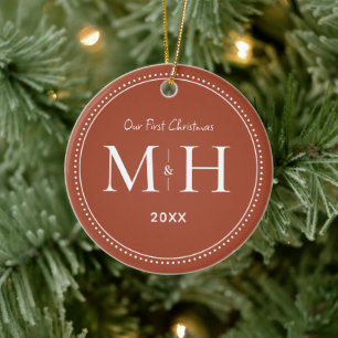 Our First Christmas Newlyweds Monogram Terracotta Ceramic Ornament