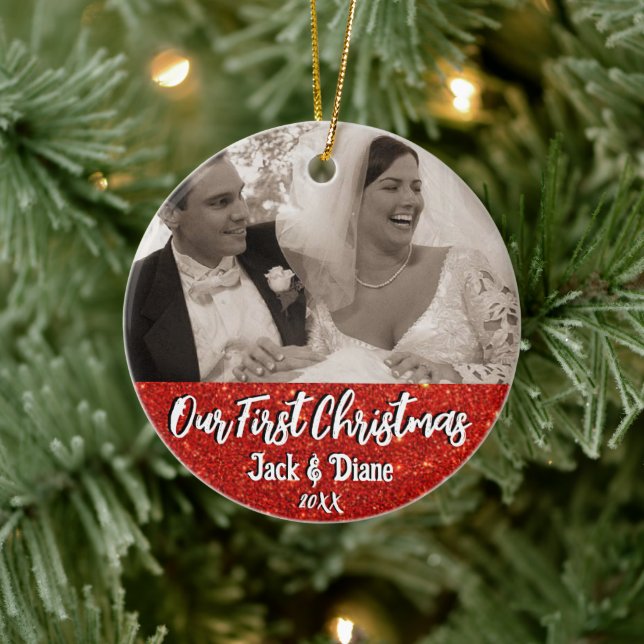 Our First Christmas Newlyweds Personalised Photo Ceramic Ornament (Tree)