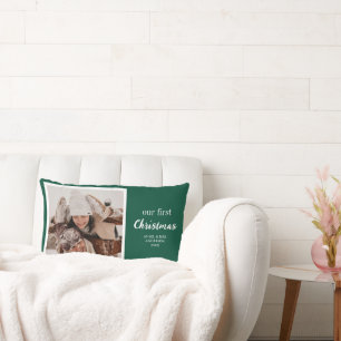 Our First Christmas Newlyweds Photo Script Green Lumbar Cushion