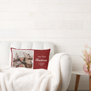 Our First Christmas Newlyweds Photo Script Red Lumbar Cushion