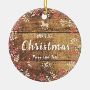 Our First Christmas non-gender couple rustic Ceramic Ornament