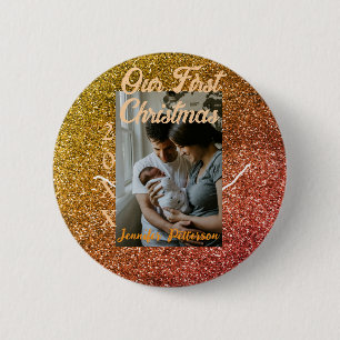 Our first Christmas orange red glitter photo year 6 Cm Round Badge