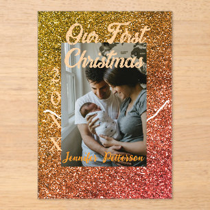 Our first Christmas orange red glitter photo year Acrylic Invitations