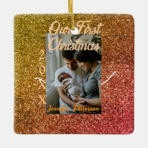Our first Christmas orange red glitter photo year Ceramic Ornament