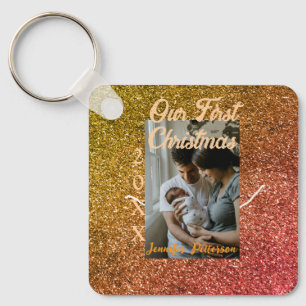 Our first Christmas orange red glitter photo year Key Ring