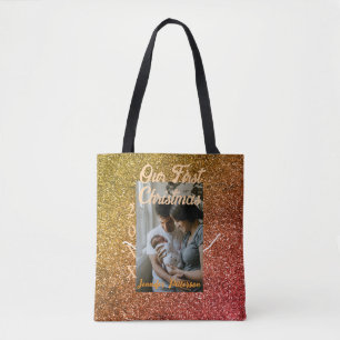 Our first Christmas orange red glitter photo year Tote Bag