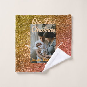 Our first Christmas orange red glitter photo year Wash Cloth