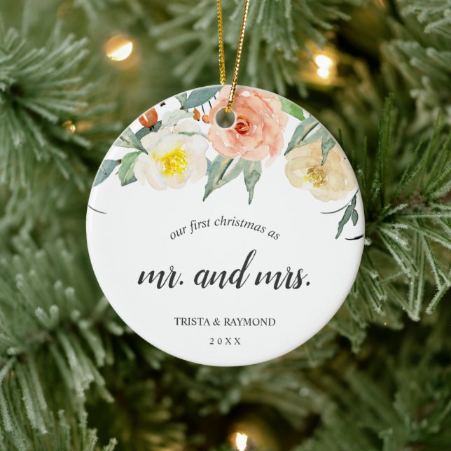Our First Christmas Peach Floral Newlywed Photo Ceramic Ornament (Tree)