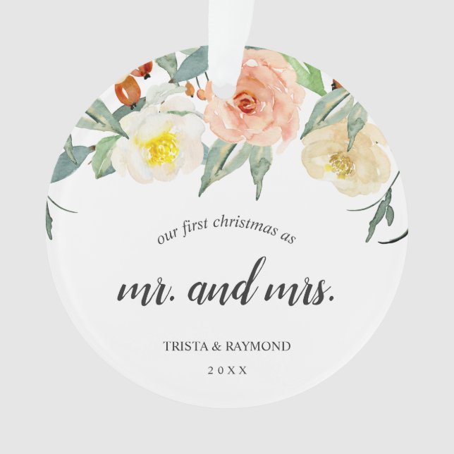 Our First Christmas Peach Floral Newlywed Photo Ornament (Front)