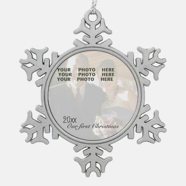 Our First Christmas Personalised Photo Snowflake Snowflake Pewter Christmas Ornament (Front)
