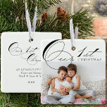 Our First Christmas Photo and Elegant Calligraphy Ceramic Ornament<br><div class="desc">Our 1st Christmas photo ornament which you can personalise with your favourite photo and custom wording on the back. Elegant typographic design lettered with Our 1st Christmas in swirly calligraphy and classic print. Easy to customise to suit many occasions such as Our 1st Christmas as a family of five or...</div>