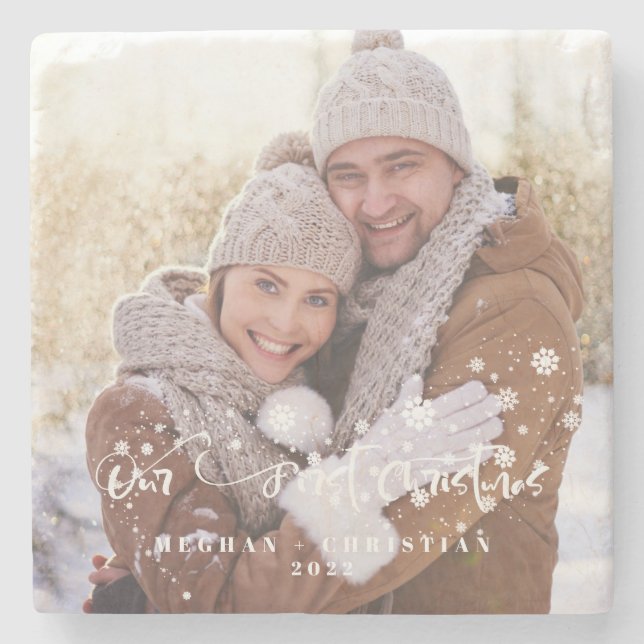 Our first Christmas Photo Holiday   Stone Coaster (Front)