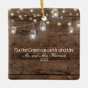 Our First Christmas Photo Mason Jars String Lights Ceramic Ornament