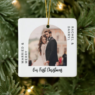 Our First Christmas Photo Minimal Script Married Ceramic Ornament