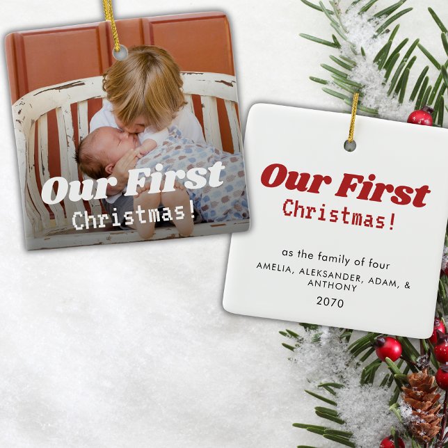 Our First Christmas Photo Modern Calligraphy  Ceramic Ornament (Creator Uploaded)