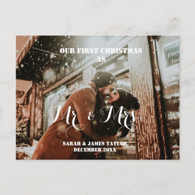 Our First Christmas Photo Mr & Mrs Newlyweds  Holiday Postcard (Front)