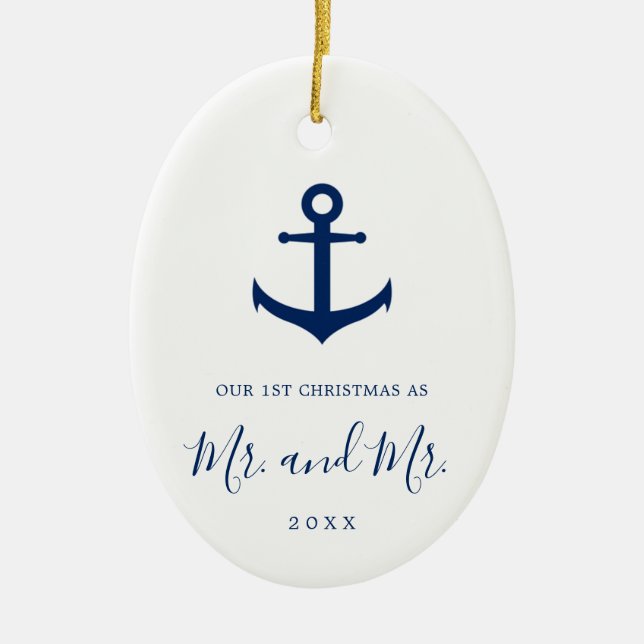 Our First Christmas Photo Nautical Gay Newlywed Ceramic Ornament (Front)