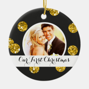 Our First Christmas Photo Ornament   Gold Dots