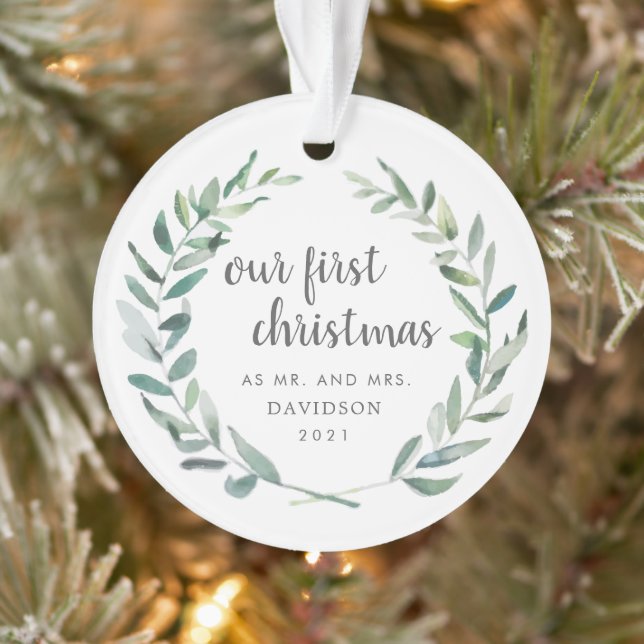 Our First Christmas Photo Rustic Greenery Newlywed Ornament (Tree)