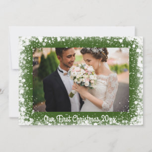 Our First Christmas Photo Snow Typography Green Holiday Card
