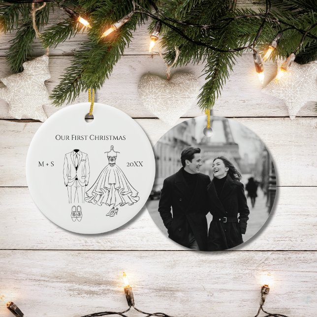 Our First Christmas Photo Wedding Dress Suit Cute Ceramic Ornament (Creator Uploaded)