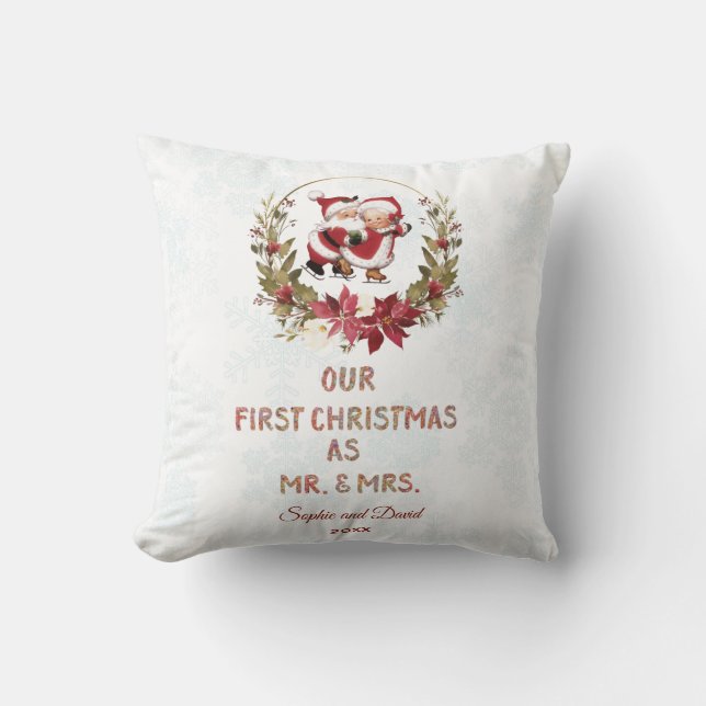 Our First Christmas Poinsettia Wreath Snowflakes Cushion (Front)
